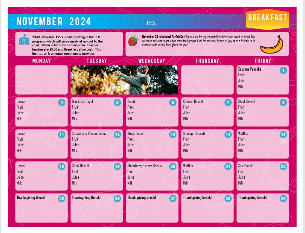 November TES bfast menu