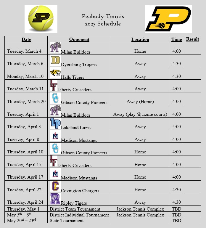 2025 Tennis Schedule